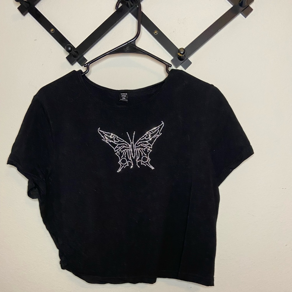 Shein Butterfly Rhinestone Black Crop Top